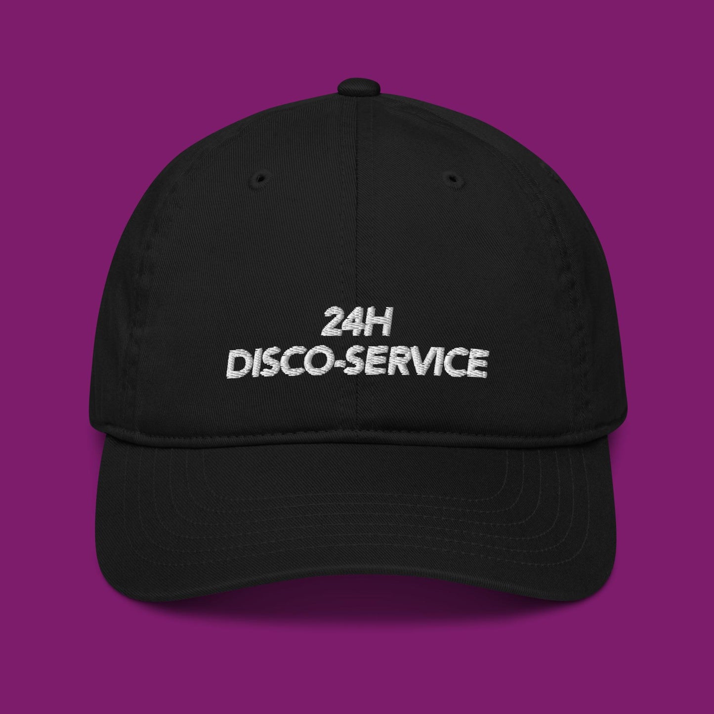 »24H DISCO-SERVICE« – DJ Organic Cotton Baseball & Dad Hat | White Embroidery