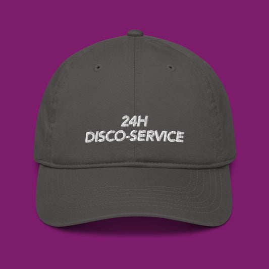 »24H DISCO-SERVICE« – DJ Organic Cotton Baseball & Dad Hat | White Embroidery